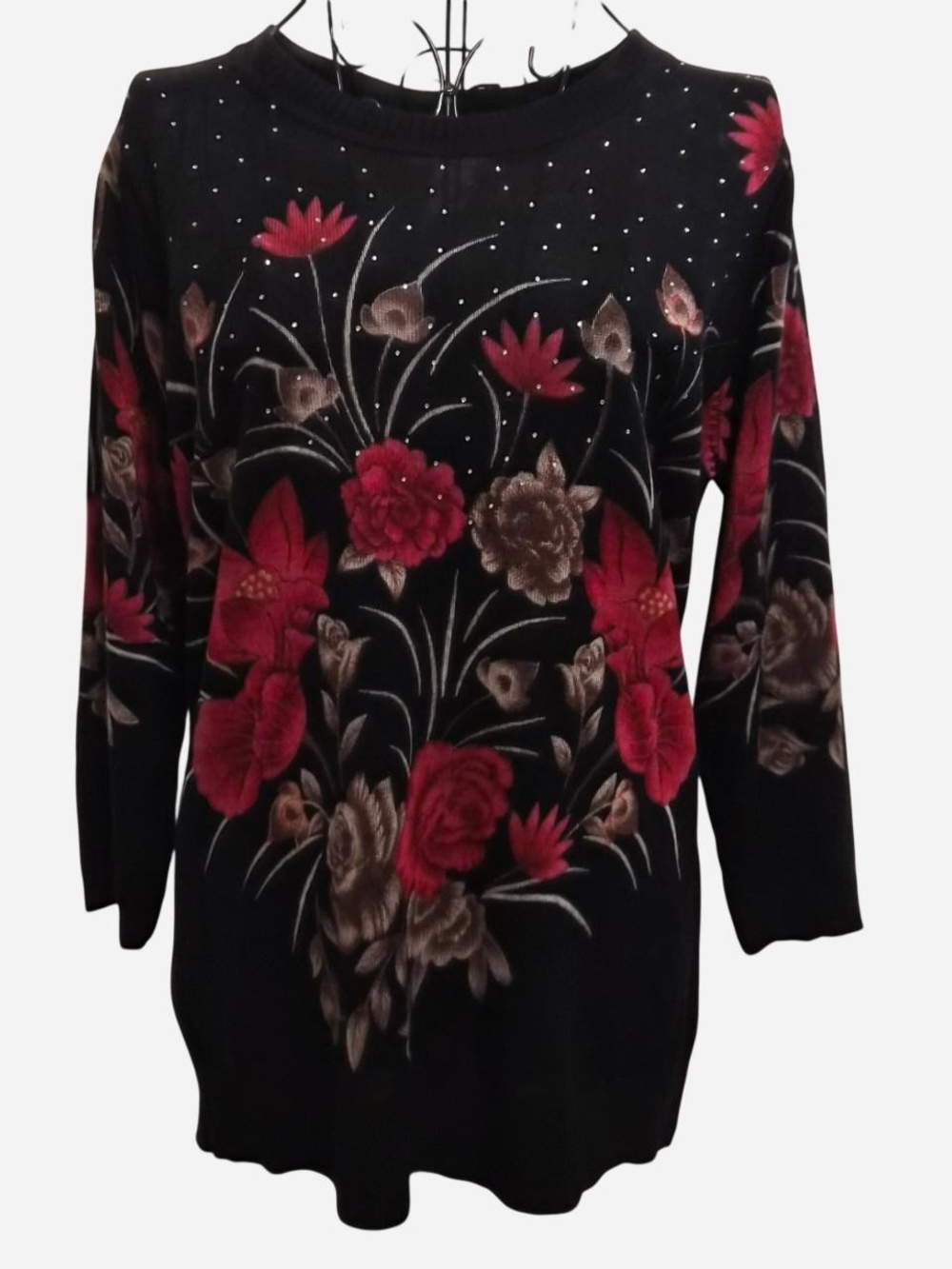 Cathy Daniels Black Sweater with Red and Brown Floral Design